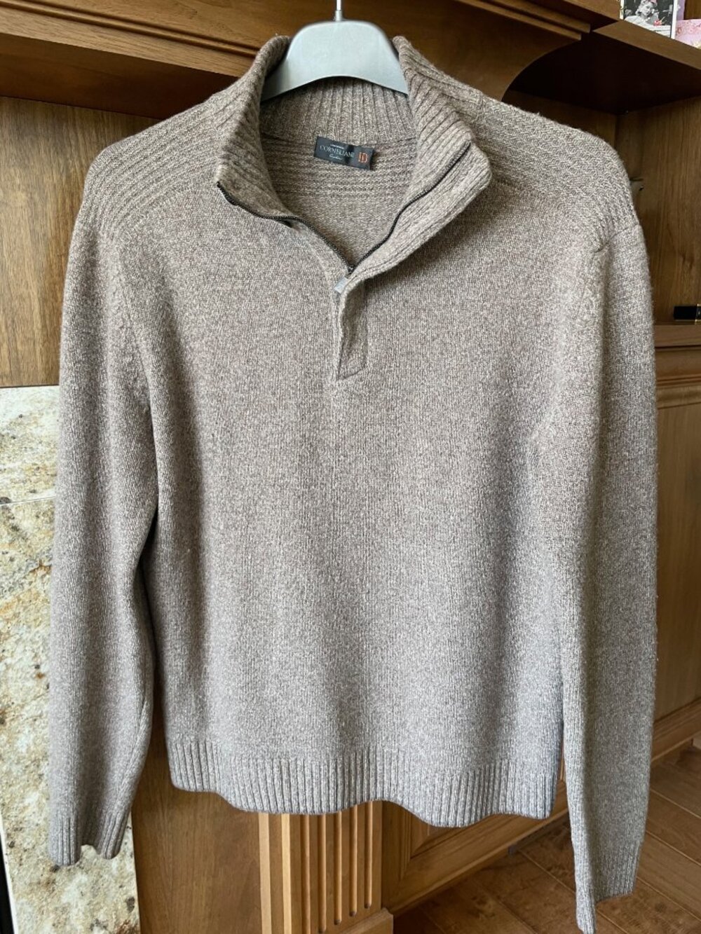 Corneliani Italy Wool Cashmere Button Zip Turtleneck Sweater Taupe M